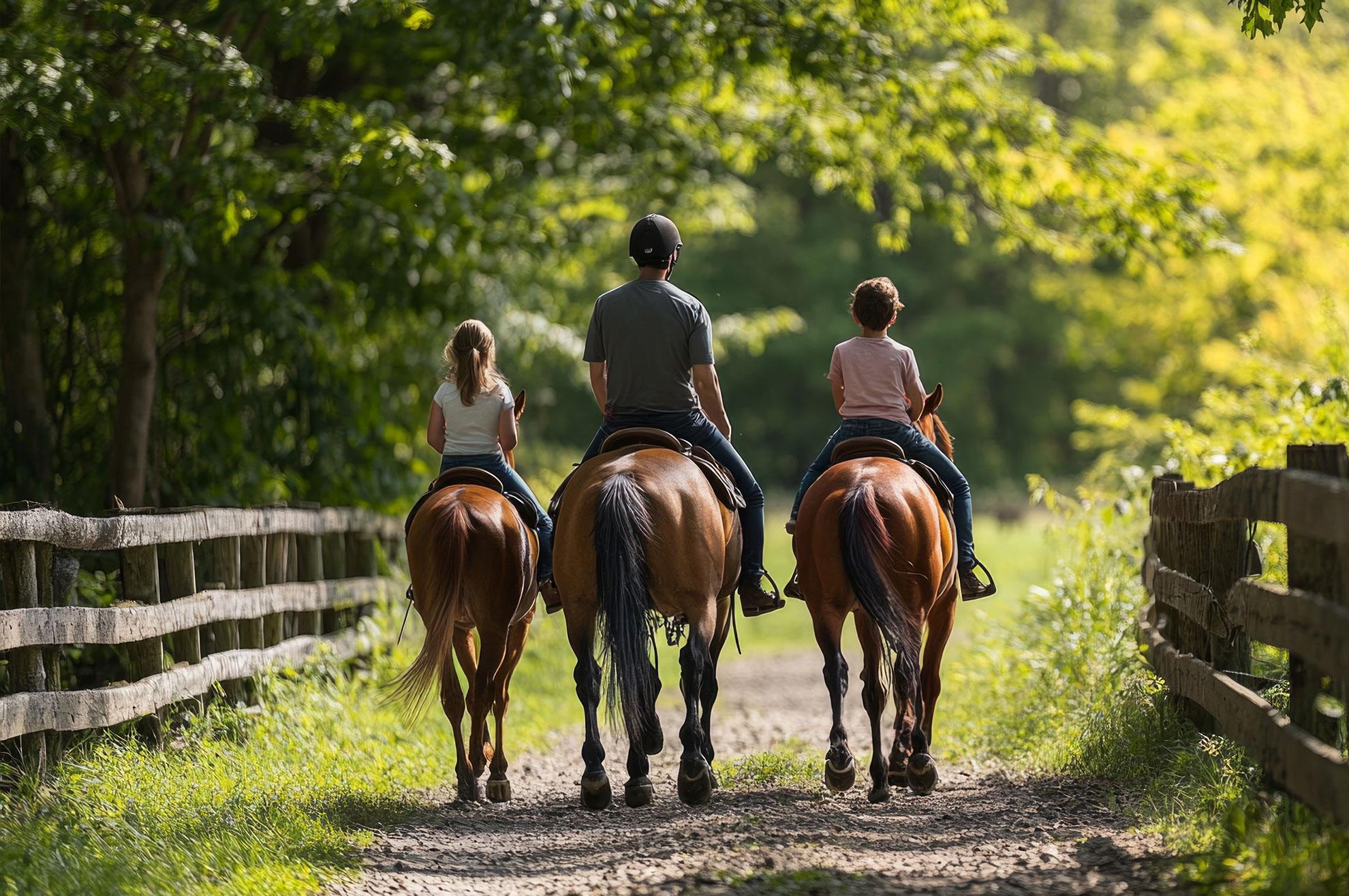 Father and two children riding horses at Excella Equine Estates – family-friendly equestrian community in Stony Plain, Alberta, with private trails and open countryside