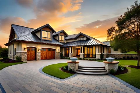 A single-story ranch-style home with a wide footprint and traditional charm, a custom acreage house at Excella Equine Estates.
