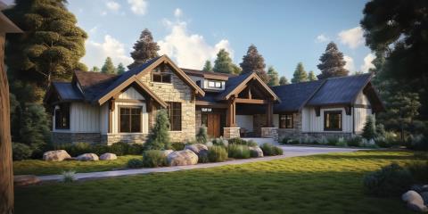 Craftsman-style equestrian home featuring wood detailing, a gabled roof, and a spacious front porch – uniquely designed for a horse-friendly community near Edmonton.