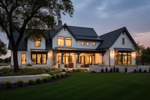 Modern farmhouse home design featuring neutral tones, large windows, and open-concept living – a custom equestrian home in Stony Plain, Alberta.