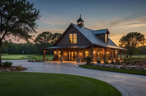 Barndominium-style equestrian home design with vaulted ceilings and rustic metal finishes – ideal for acreage living at Excella Equine Estates.